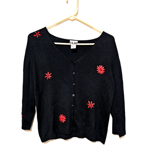 Clio Sweaters - CLIO Silk Cardigan Sweater Black Vintage Red Flowers Button-Up Women's Size Med